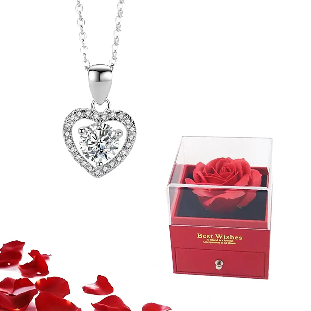 Valentinstag Geschenk Luxus rote Herz Halskette mit Rose Geschenkbox