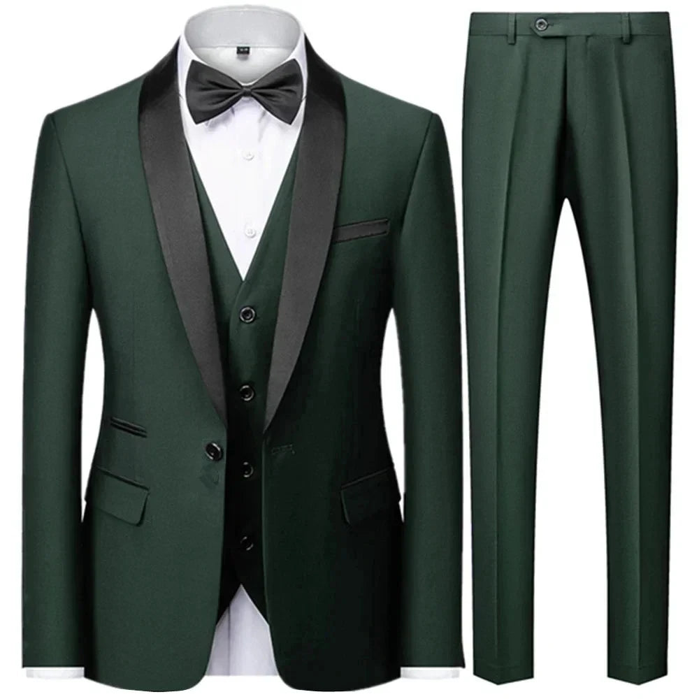 3 Pieces Set Men's Business Blazers Coat - Slim Fit Color Matching Collar Suit Jacket Pants Vest