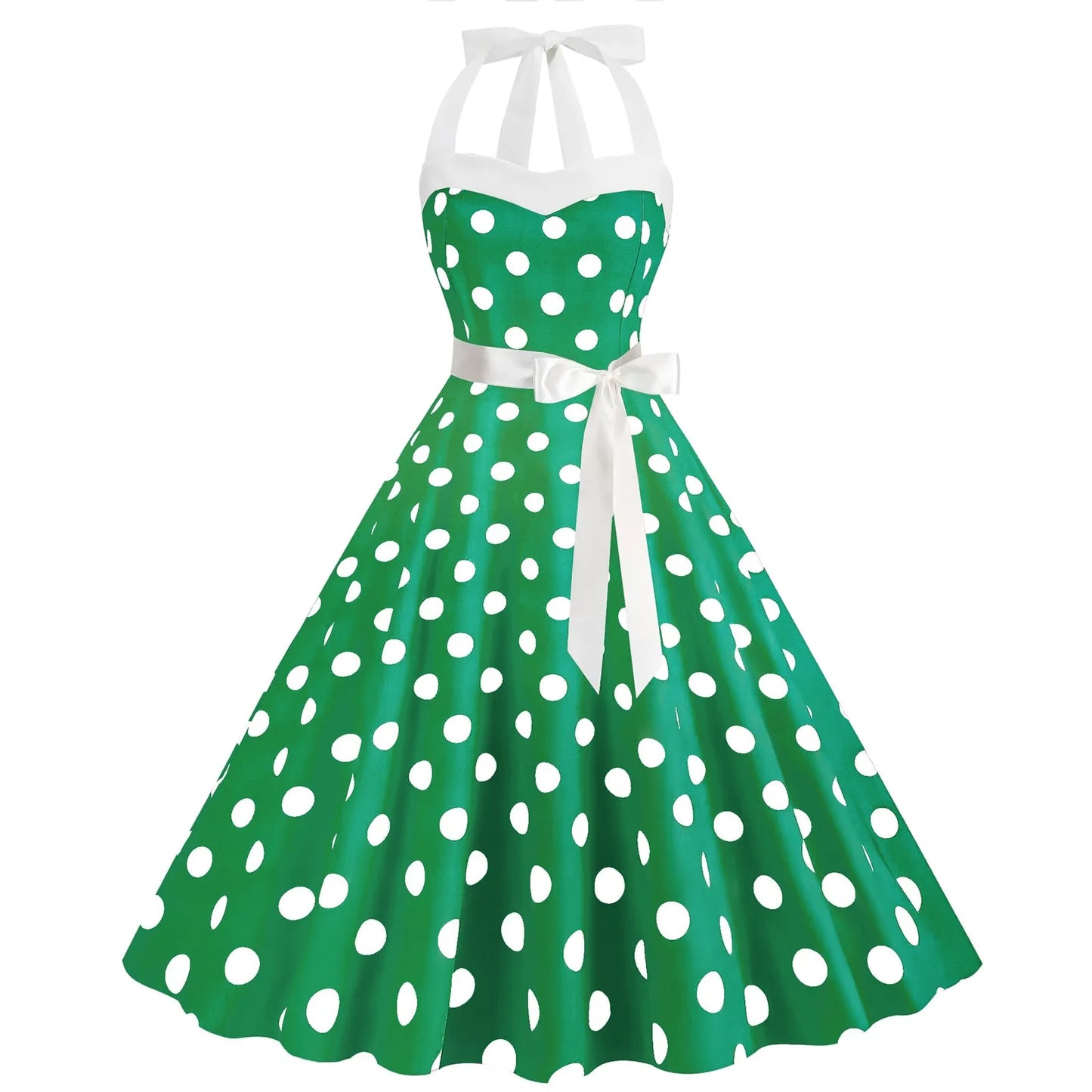 Women Sundress  Lace-up Backless Polka Dot Pleated Midi Dress