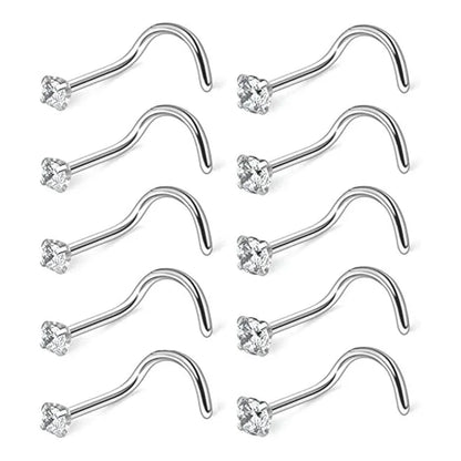 Versatile CZ Zircon Nose Studs- 10-Piece Set