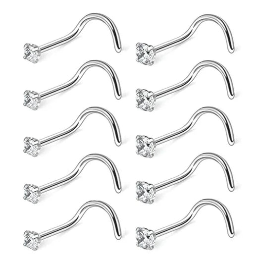 Versatile CZ Zircon Nose Studs- 10-Piece Set