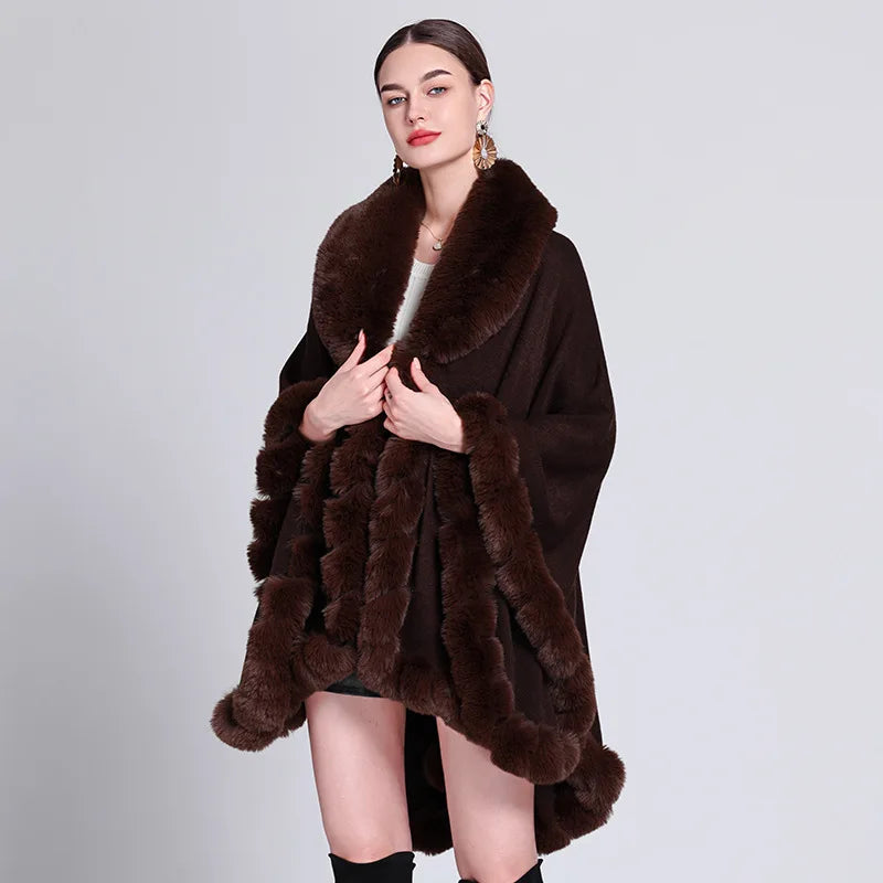 Women's Winter Plaid Hooded Fur Collar Shawl