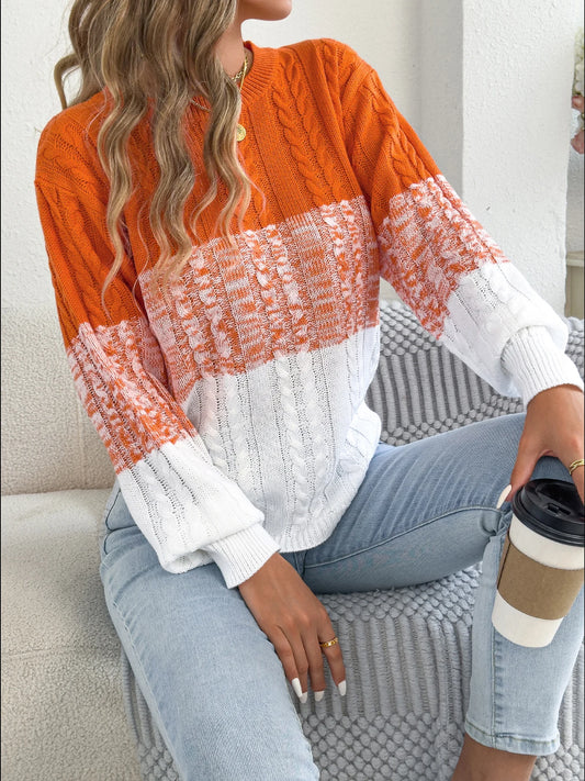 Women's Round Neck Color Block Striped Sweater