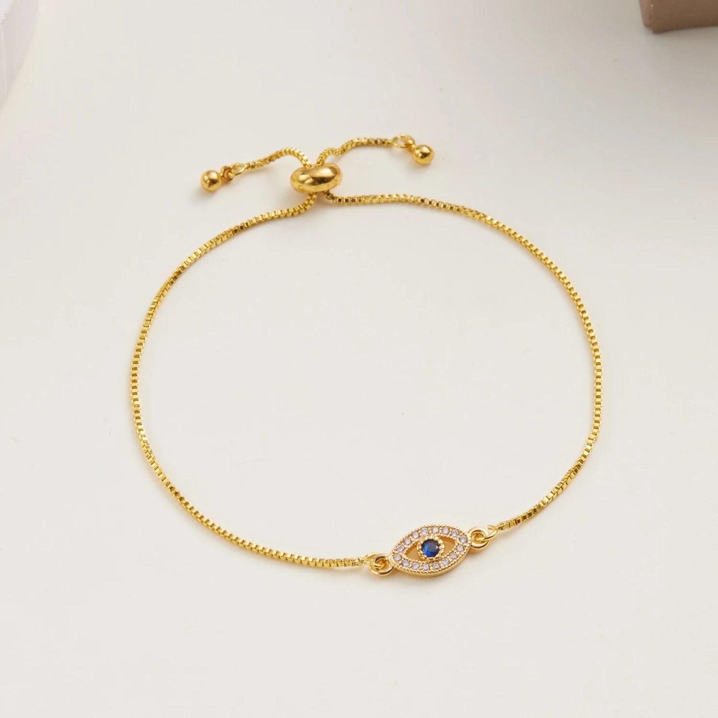 Gold Evil Eye Bracelet with Blue Zircon – Adjustable Handmade Lucky Nazar Bracelet
