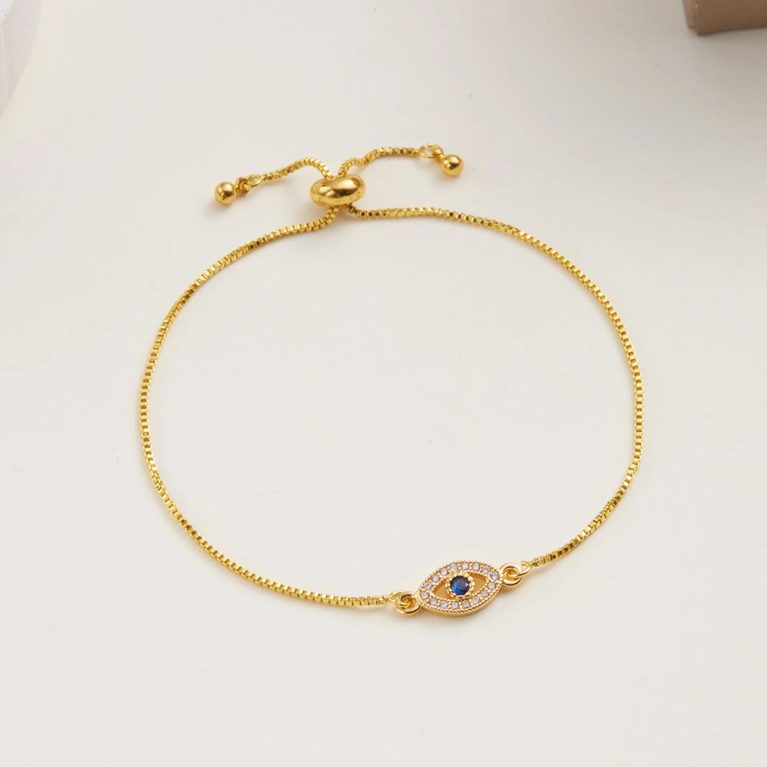 Gold Evil Eye Bracelet with Blue Zircon – Adjustable Handmade Lucky Nazar Bracelet