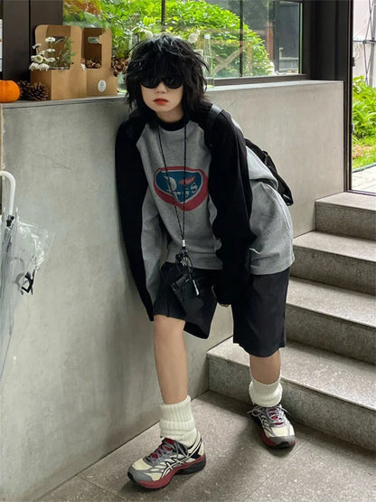 Women Harajuku Gray Pullover Long Sleeve Sweatshirts