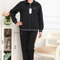 Black top with gray trim + black pants with gray trim