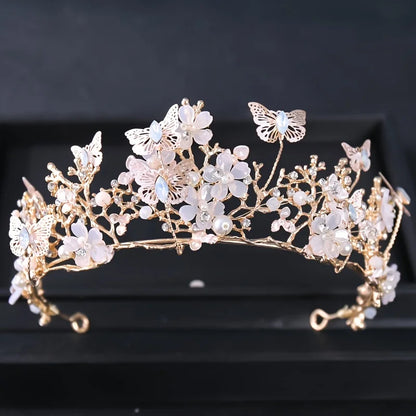 Women Pearl Rhinestone Flower Butterfly Crown