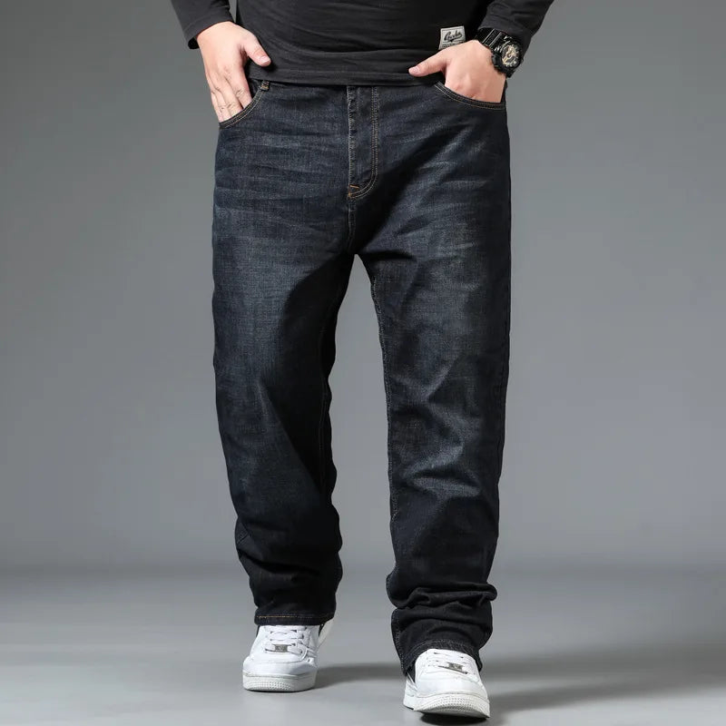 10XL lockerer schwarzer Jeansstoff für Herren – hohe Taille