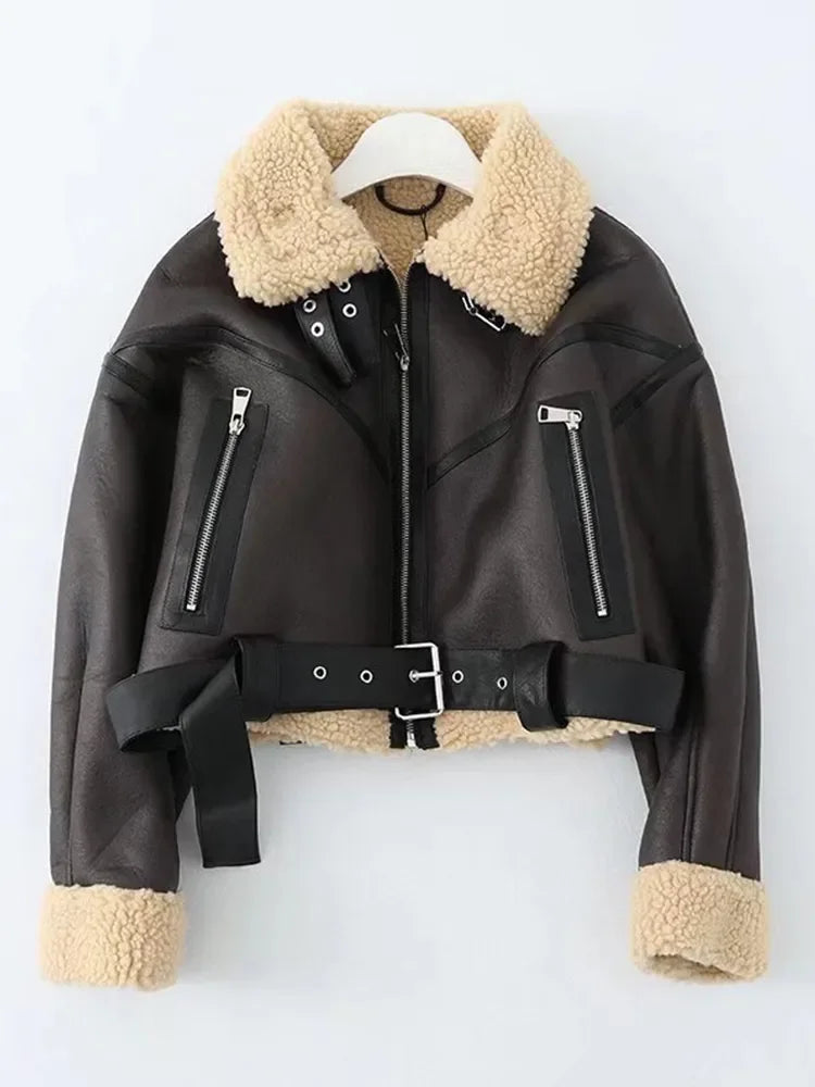 Harajuku-Fliegerjacke mit Pelzfutter für Damen