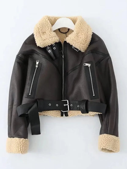 Harajuku-Fliegerjacke mit Pelzfutter für Damen