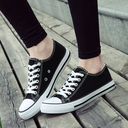 Lace-Up White Canvas Flat Heel Sneakers