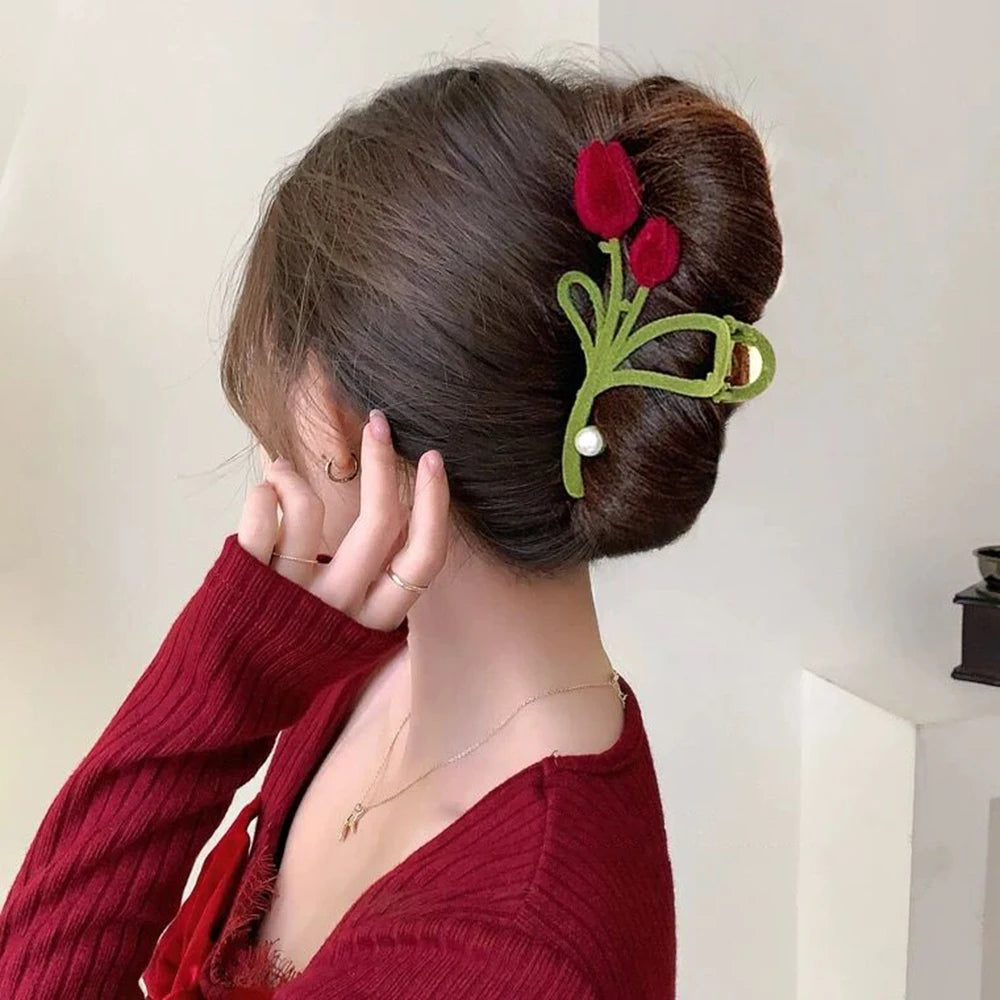 Samt-Tulpen-Perlen-Haarspange – weinrote Blumen-Haarspangen