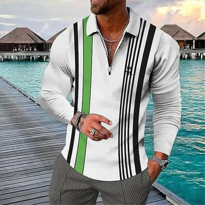 Men's Long Sleeve Stripe Golf Zipper Polo Shirt