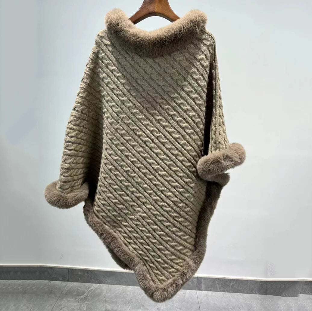 Women's Winter Plaid Hooded Fur Collar Shawl