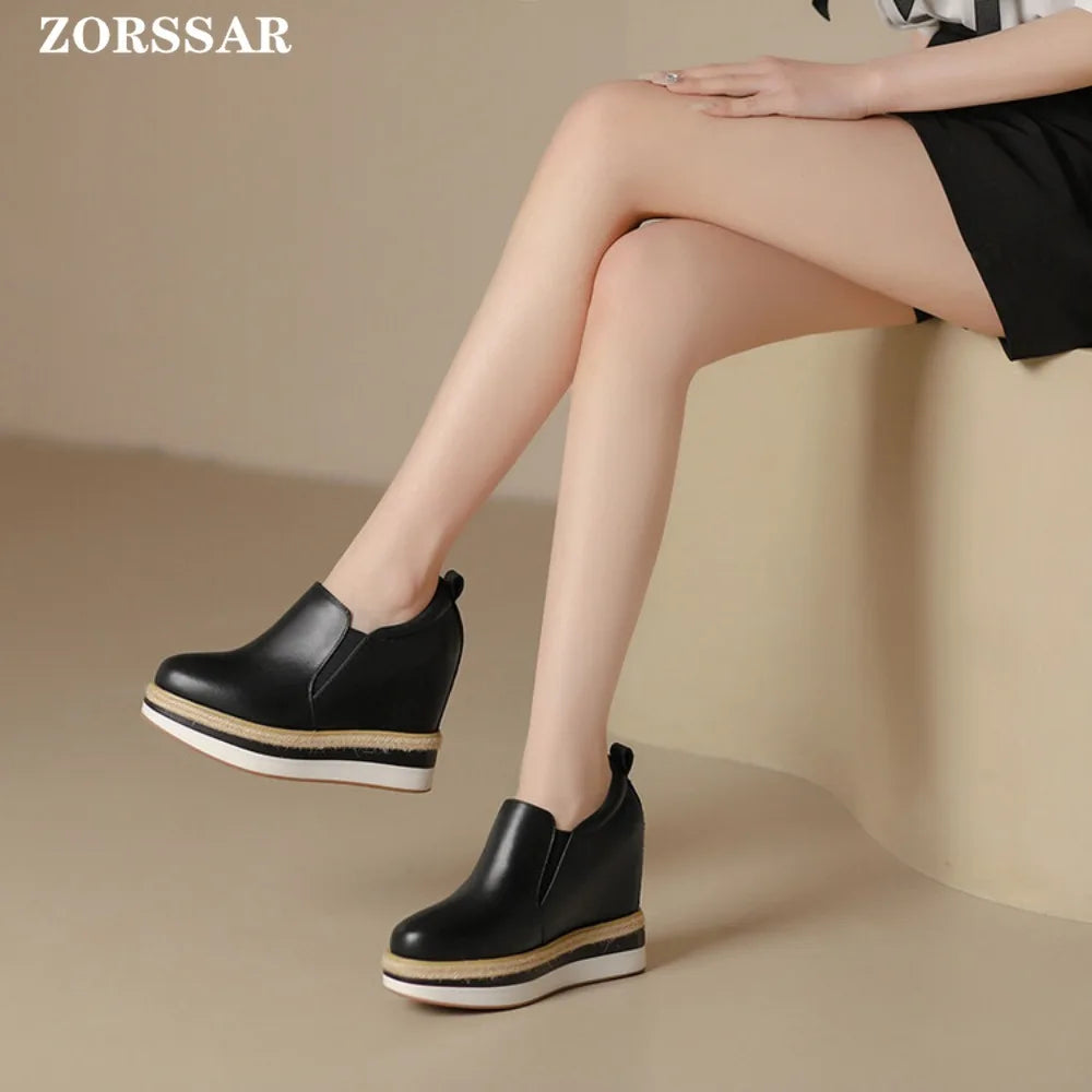 Womens Handmade Genuine Leather Platform Wedge Sneakers
