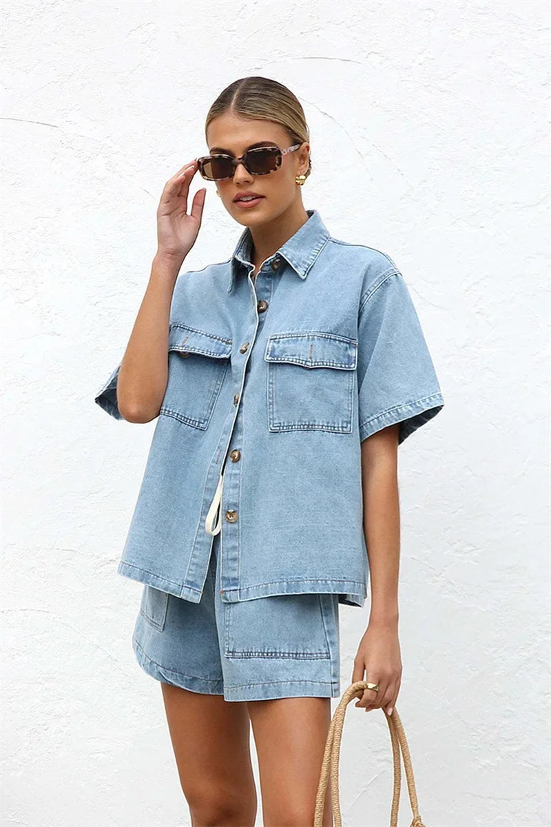 Unisex Denim Set - Jacket and Shorts, Casual Vintage Style