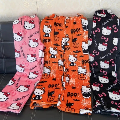 Frauen Kitty Pyjamas Kawaii Woolen Anime Cartoon Herbst Hause Hosen 