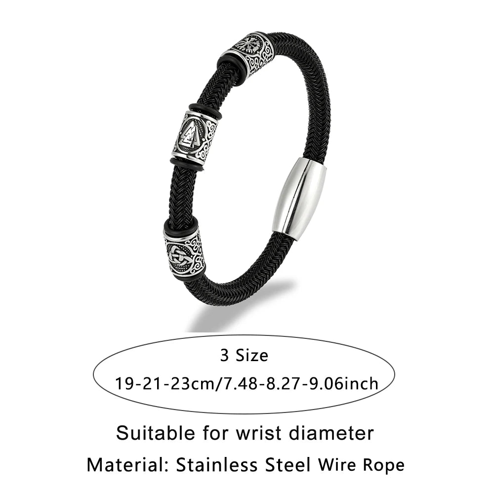 Men’s Viking Rune Stainless Steel Bracelet – Norse Futhark Runes Bangle Wire Rope Cuff