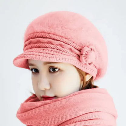 Damen-Strickmütze und Schal-Set mit Blumenmuster – Warme, weiche Wintermütze