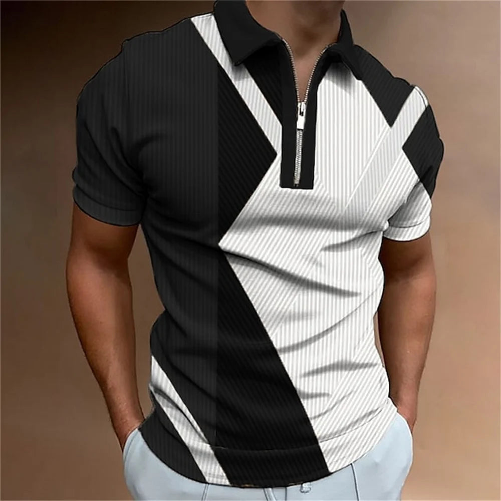 Men Zipper Striped Turn Down Collar Shirt