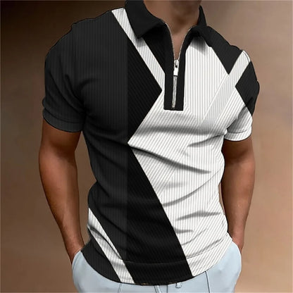 Men Zipper Striped Turn Down Collar Shirt