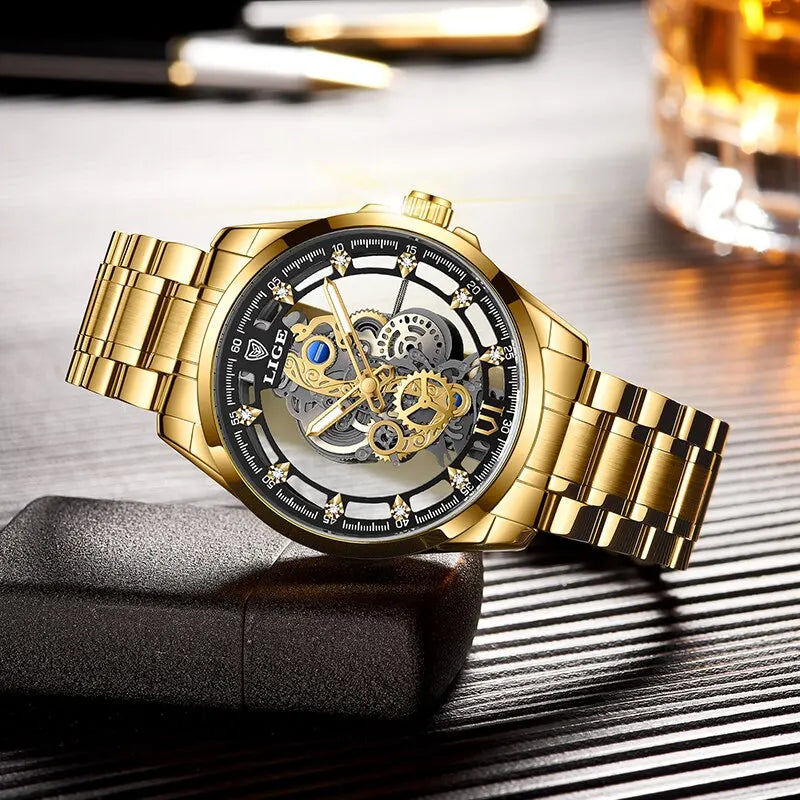 Montre-bracelet rétro squelette doré pour homme