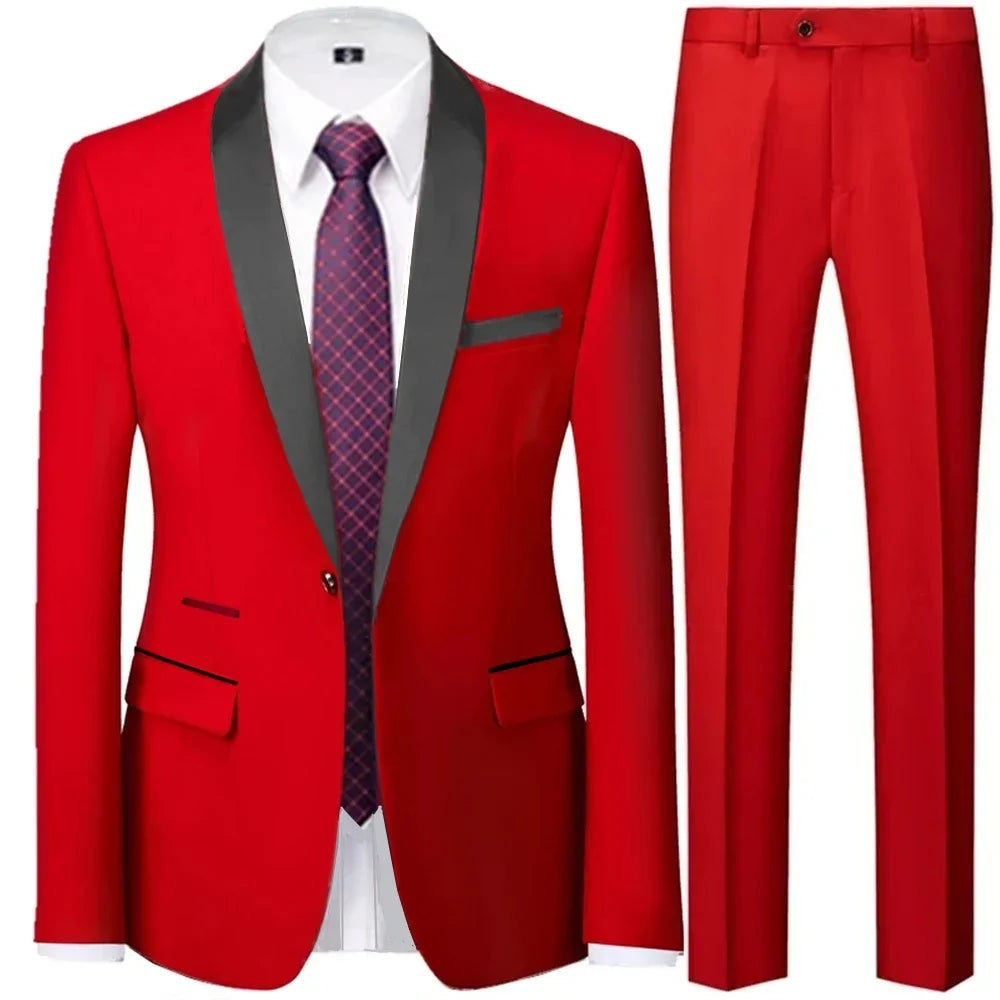 3 Pieces Set Men's Business Blazers Coat - Slim Fit Color Matching Collar Suit Jacket Pants Vest