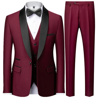 3 Pieces Set Men's Business Blazers Coat - Slim Fit Color Matching Collar Suit Jacket Pants Vest