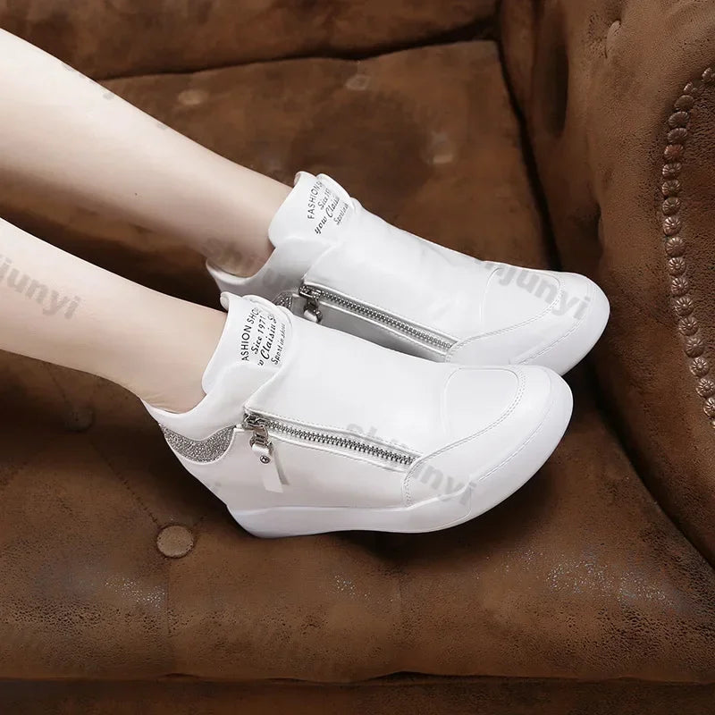 High Top Side Zip White Platform Wedge Sneakers with Hidden Heel