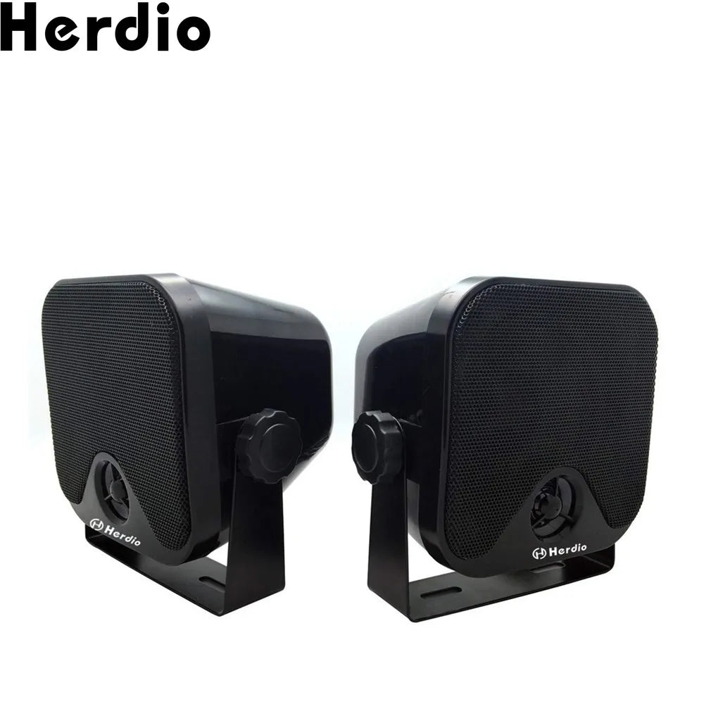 Herdio 4-inch marine speakers showing metal tweeter and ABS material.