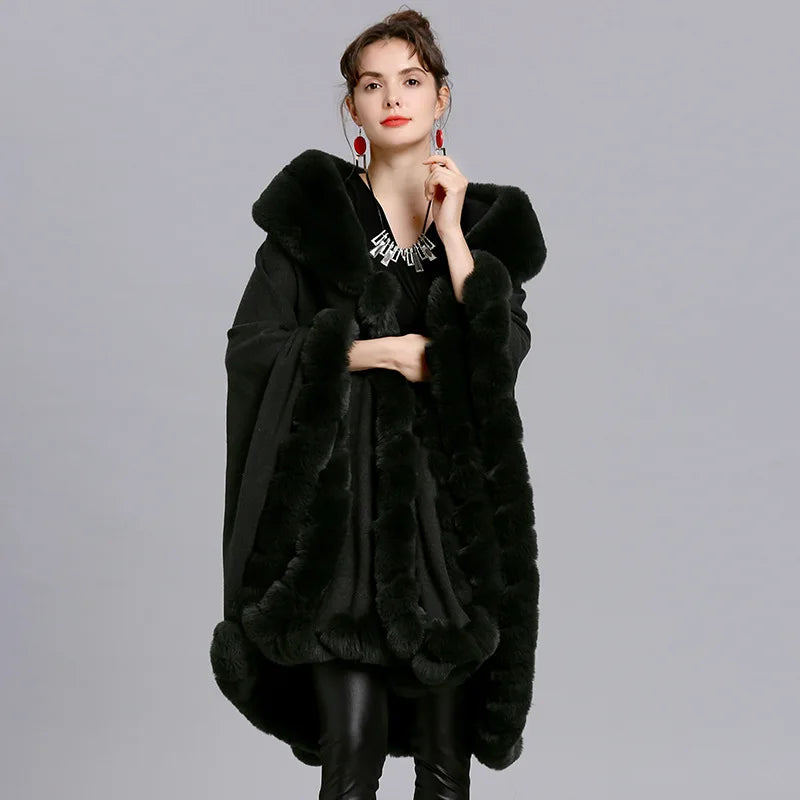 Women's Winter Plaid Hooded Fur Collar Shawl