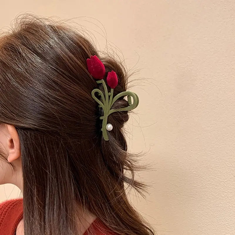 Samt-Tulpen-Perlen-Haarspange – weinrote Blumen-Haarspangen