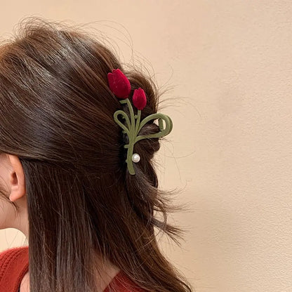 Samt-Tulpen-Perlen-Haarspange – weinrote Blumen-Haarspangen