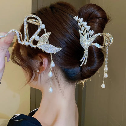 Elegant Pearl Tassel Hairpin Curled Hair Clip