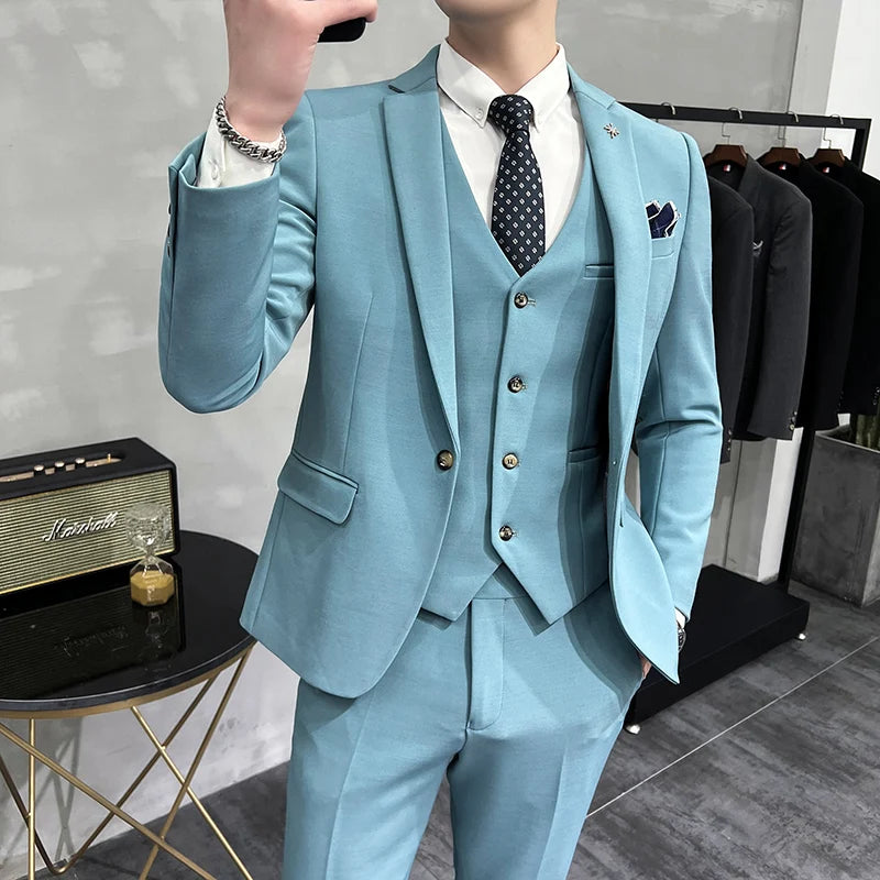 Men's Regular length Soft Cotton Fabric 3 Pcs Suit