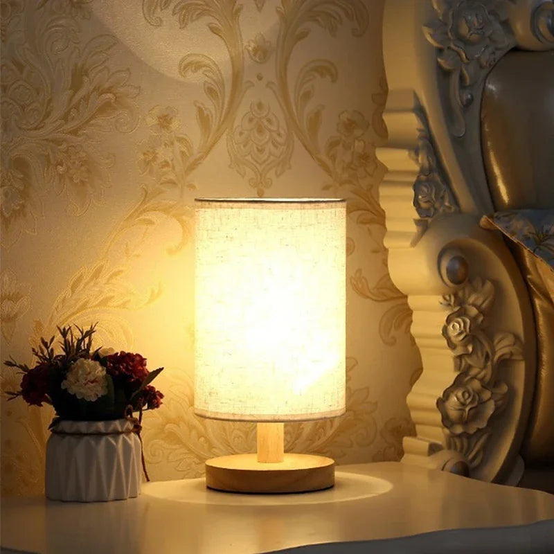 USB Wooden Bedside Lamp - Cylinder Shade