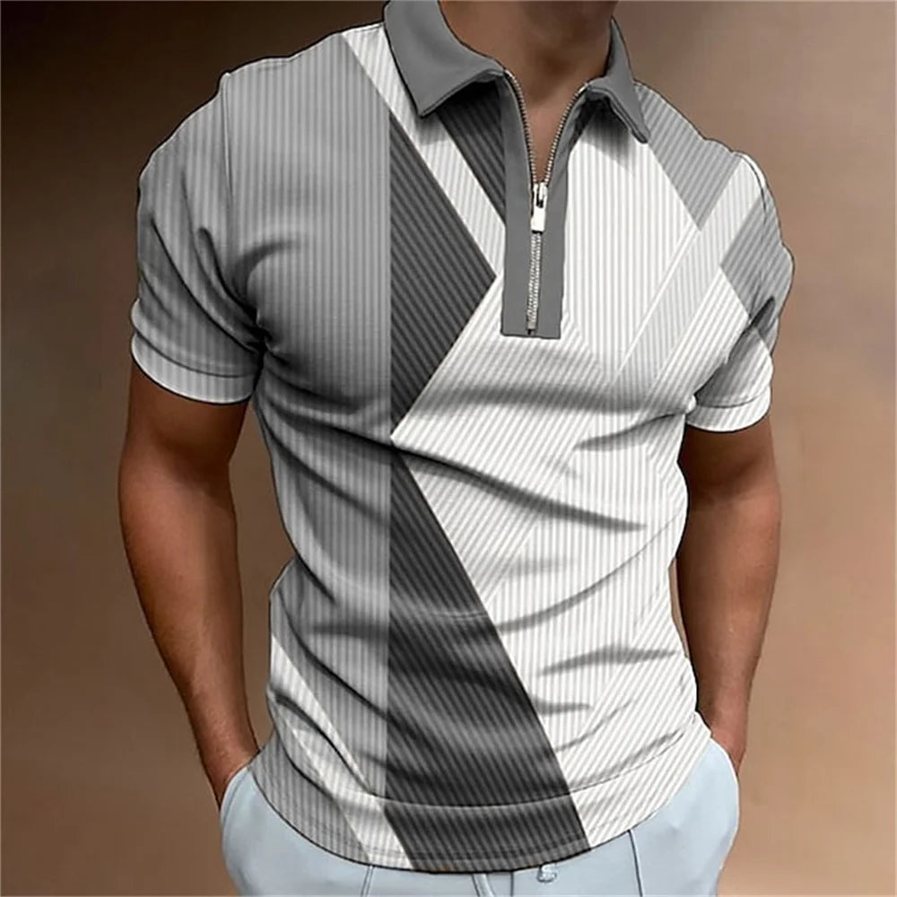 Men Zipper Striped Turn Down Collar Shirt