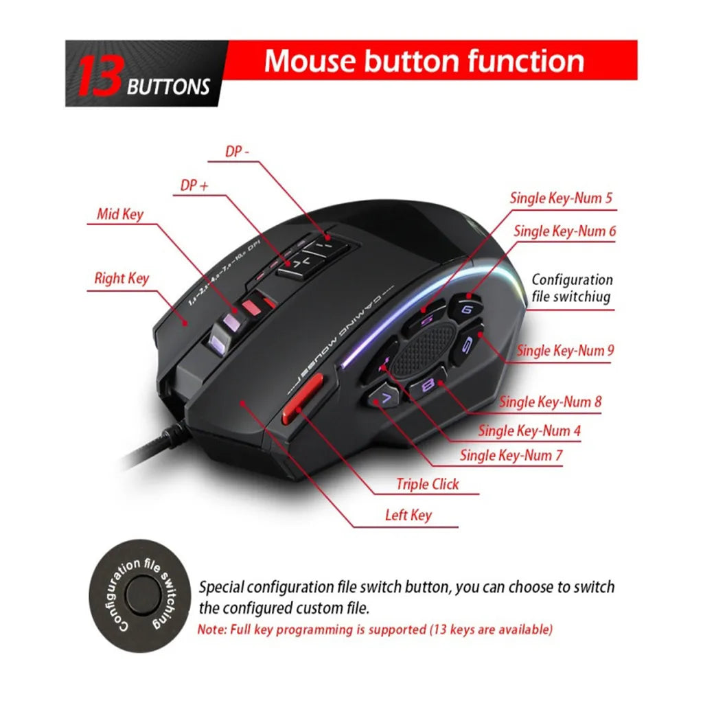 M908 RGB Backlight LED USB Wired Gaming Mouse 18 Programmable Mouse Buttons 12400 DPI