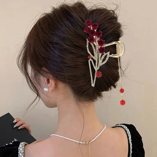 Red Flower Hair Claw - Wedding Hair Clips