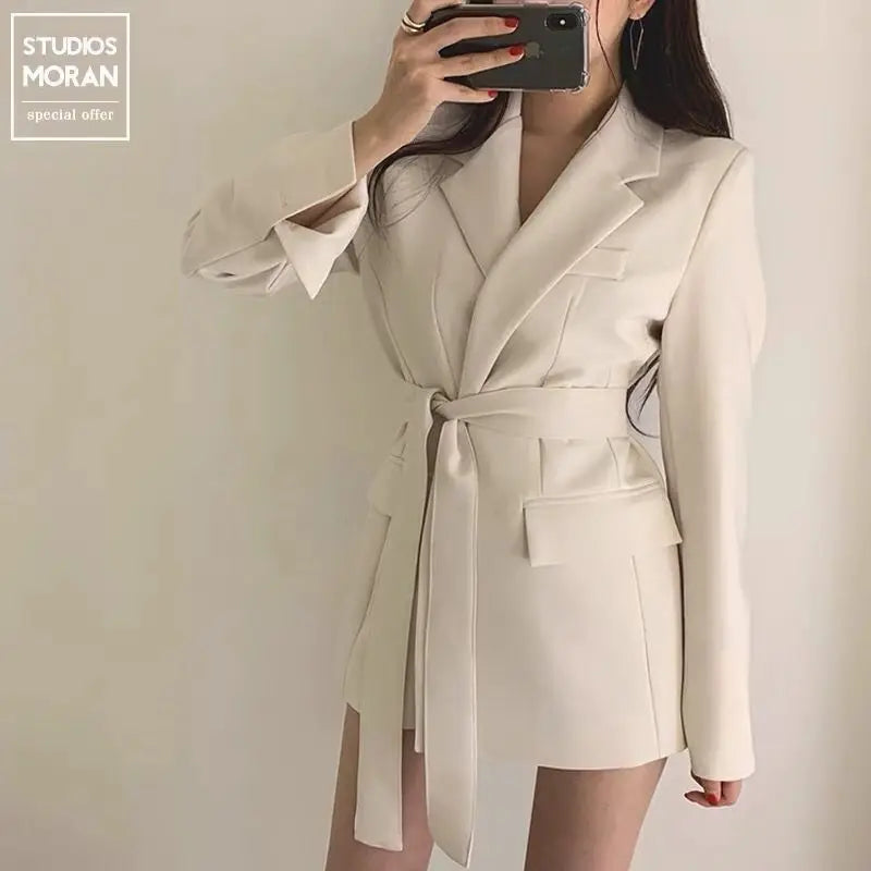 Women’s Mid‑Length Slim Fit Blazer Jacket – Waist‑Defining Lace‑Up Suit Dress Coat