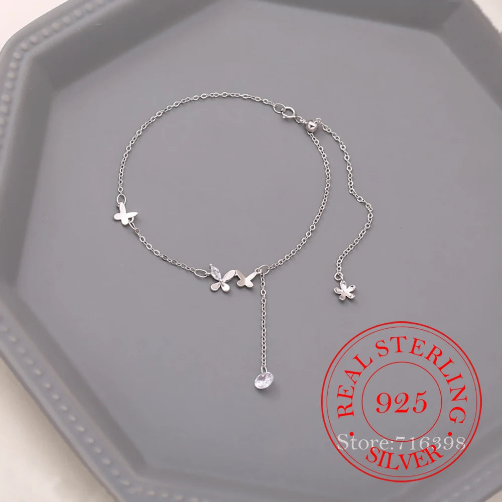 Silberfarbenes Schmetterlings-Zirkon-Quasten-Fußkettchen für Frauen
