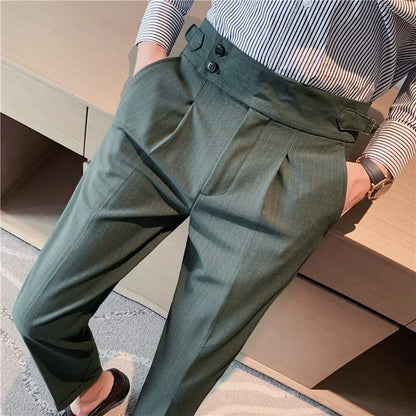 Men’s Classic Slim Fit Office Trousers - High Waist Vintage Pants