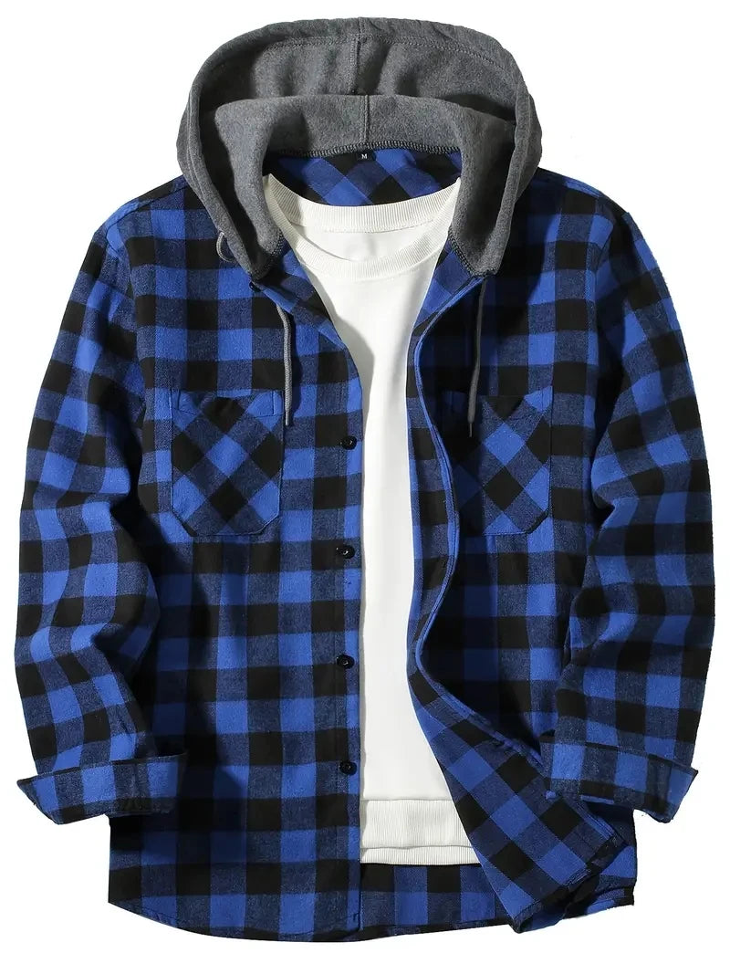 Men's Double Pockets Plaid Hooded Flannel Shirt Jacket