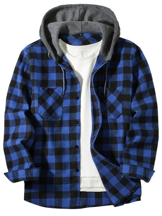Men's Double Pockets Plaid Hooded Flannel Shirt Jacket