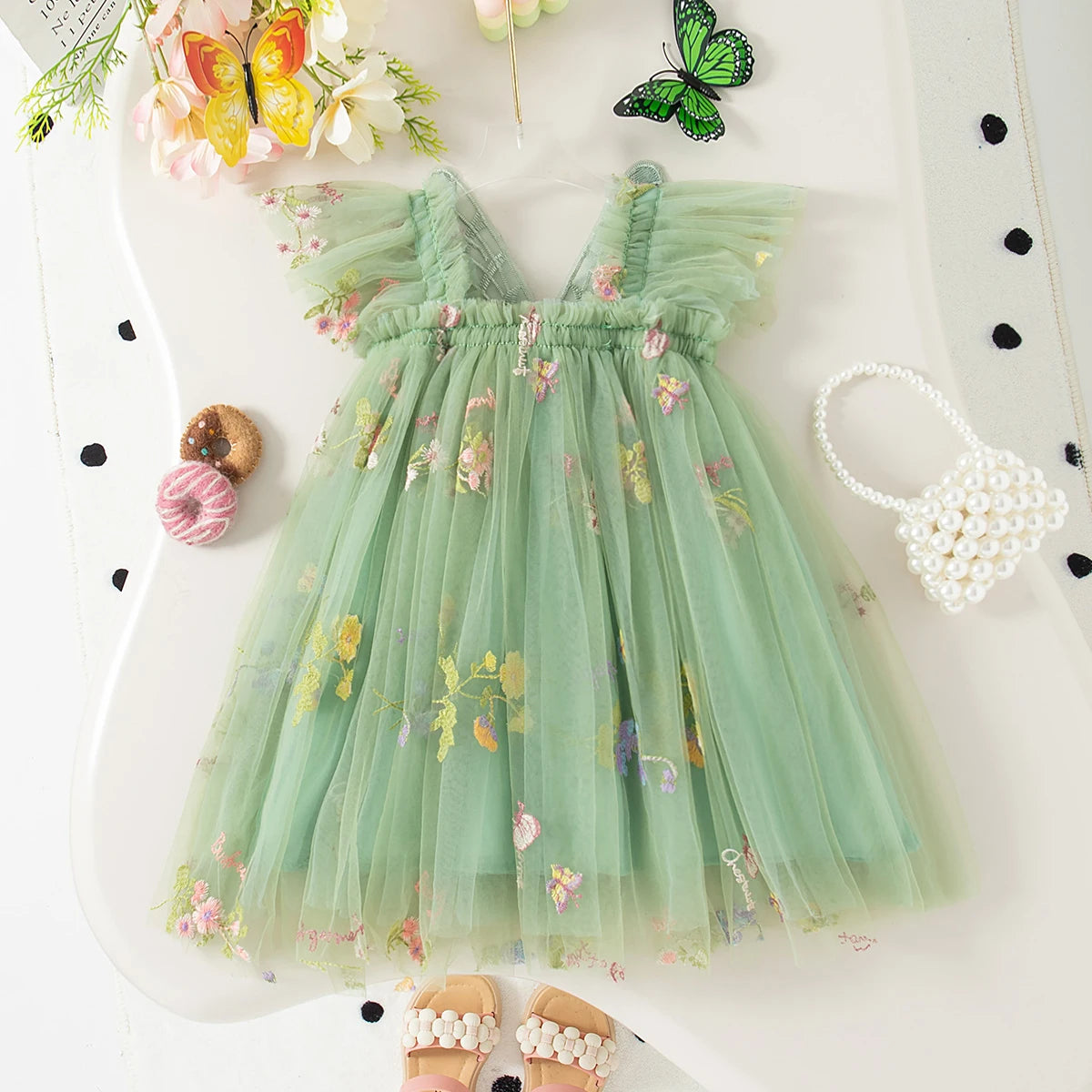 Feen-Trägerkleid aus besticktem Schmetterlingsnetz