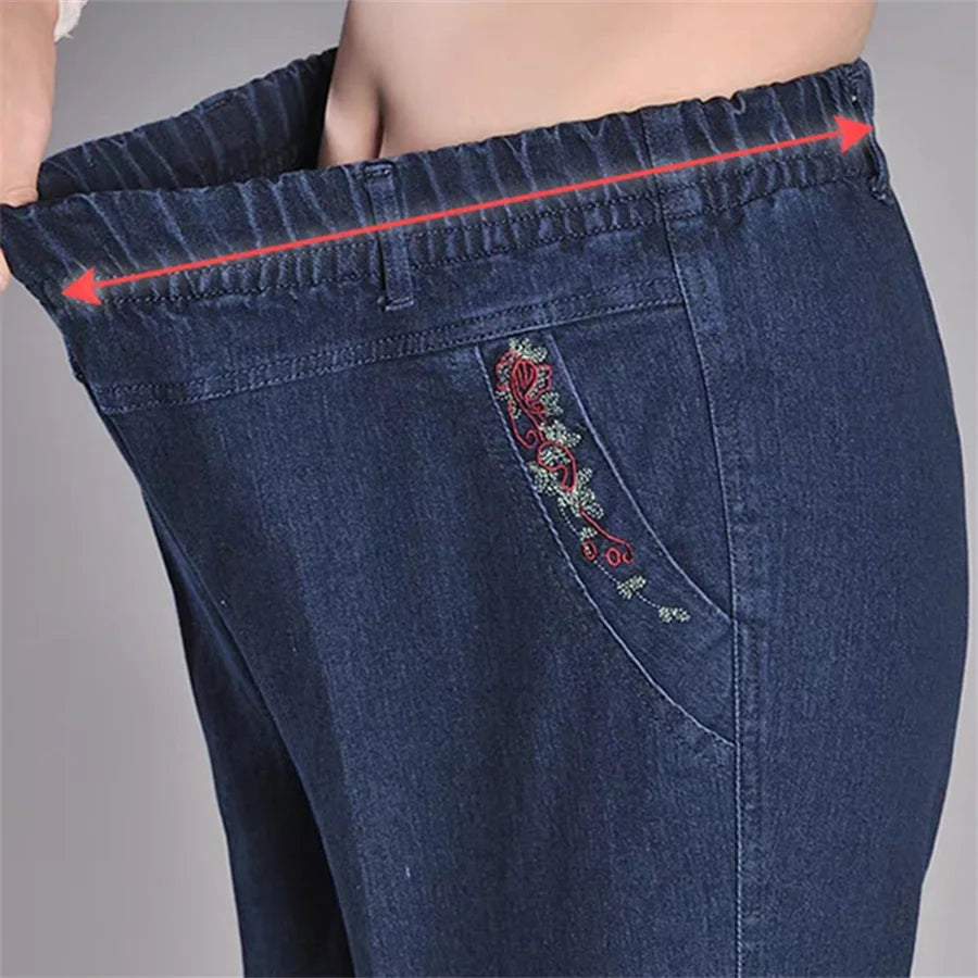 High Waist Blue Straight Embroidery Pocket  Women Pants