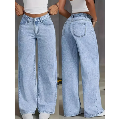 Plus Size Women’s Wide Leg Jeans – Washed Elastic High Waist Stretch Denim Pants
