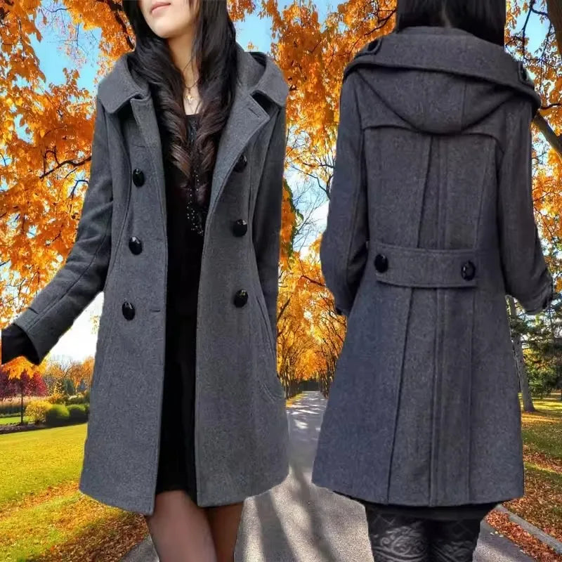 Damen-Wintermantel aus Wollmischung – Mittellange, zweireihige Kapuzenjacke