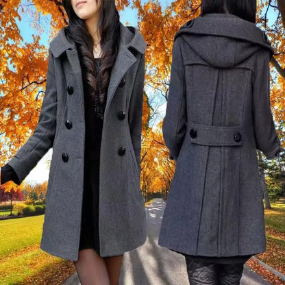 Damen-Wintermantel aus Wollmischung – Mittellange, zweireihige Kapuzenjacke